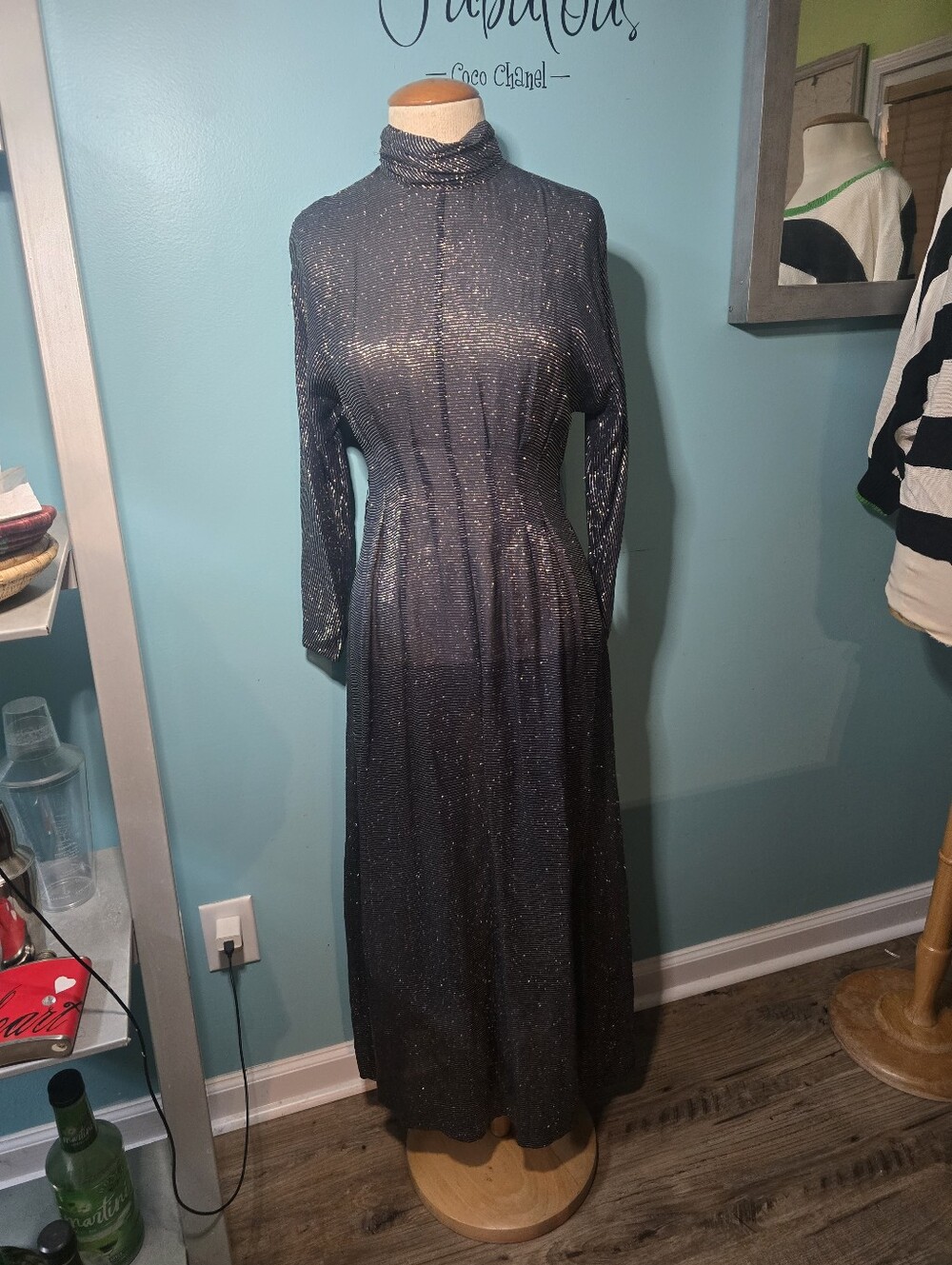Vintage Metallic Turtleneck Long Sleeve Maxi Dress